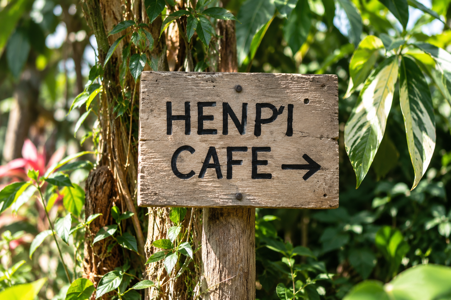 木々のそばに立つHENPI CAFEの案内看板